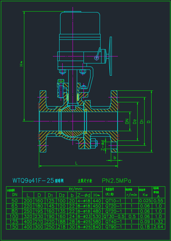 Q941F电动球阀CAD小样图，外形尺寸图下载.dwg(图1)